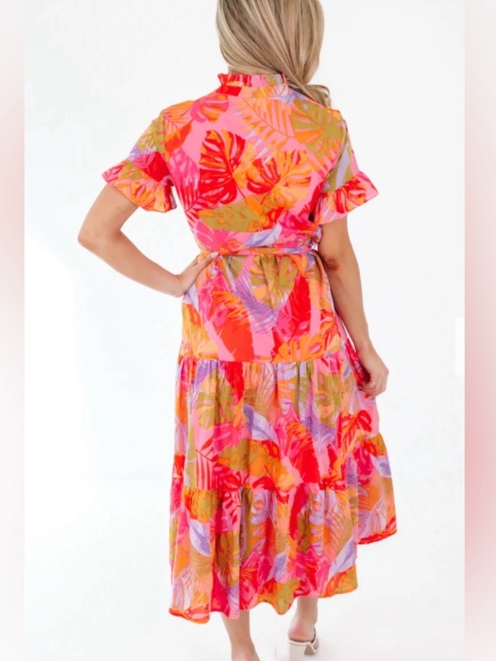 J.Marie $172 Eden Printed Ruffle High Neck Tie Waist A-Line Midi Dress medium - Picture 7 of 11